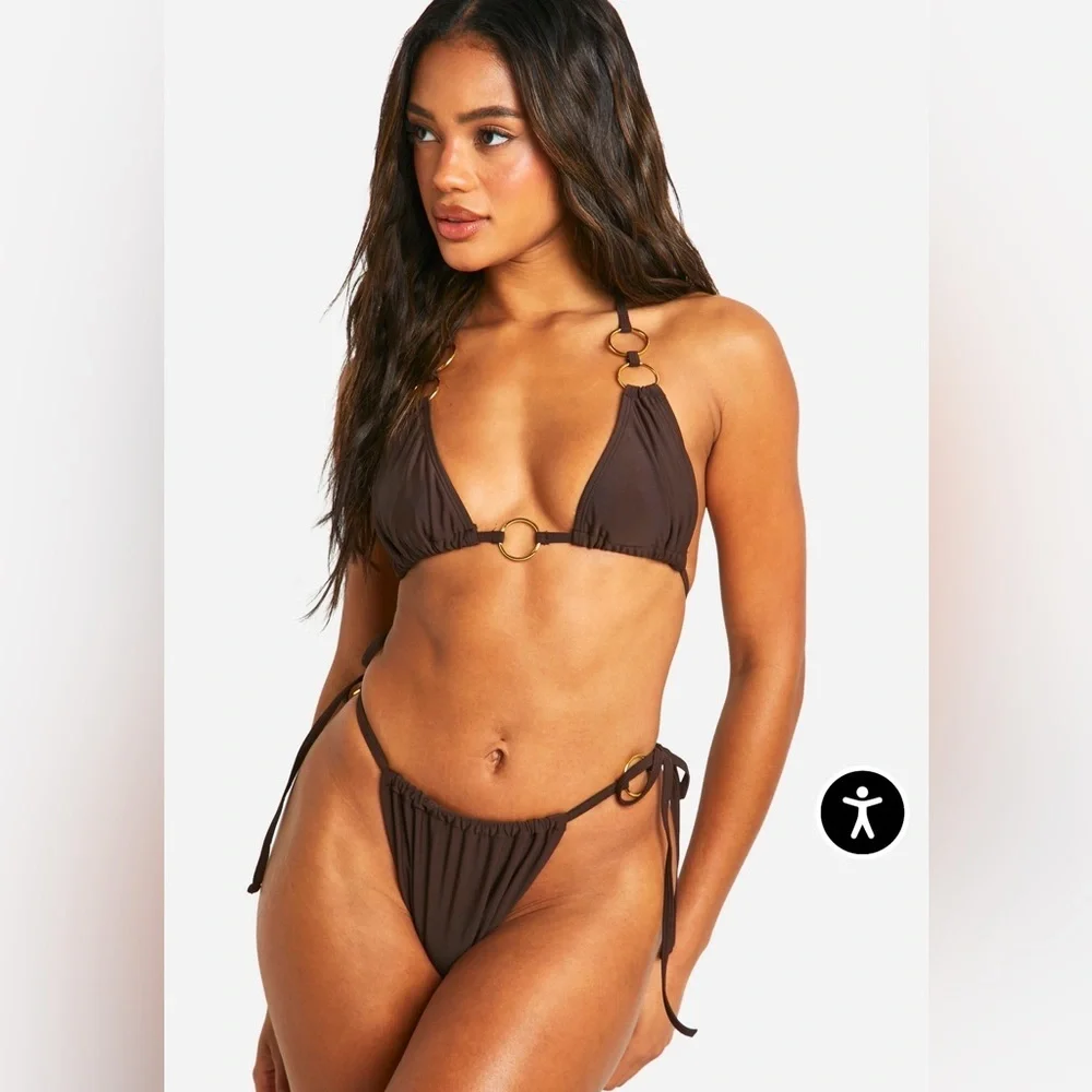 BOOHOO Brown Ring-Detail Triangle Bikini Top & Tie-Side Bottoms - NEW - Size 6